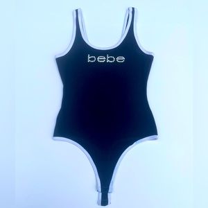 Black BeBe Ribbed Bodysuit with White Trim and Rhinestone Logo